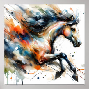 Poster Cheval courant à l'aquarelle abstraite