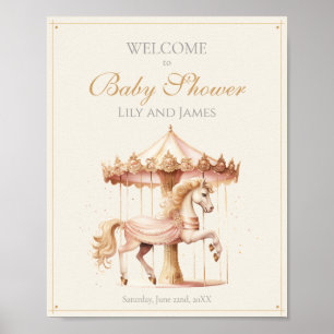 Poster Cheval de carrousel rose vintage Bienvenue Baby Sh