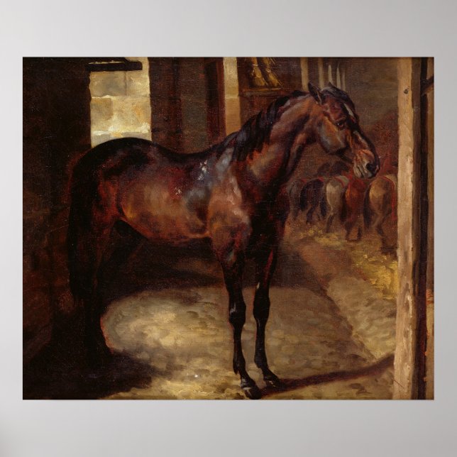 Poster Cheval de Dark Bay dans l'écurie (Devant)