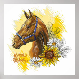 Poster Cheval de dessin à la main avec plantes et fleurs 