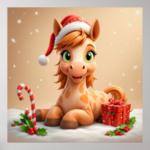 Poster Cheval de dessin animé drôle chapeau de Père Noël 