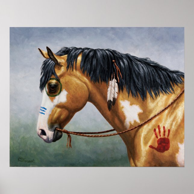 Poster Cheval de guerre amérindien Buckskin Pinto (Devant)