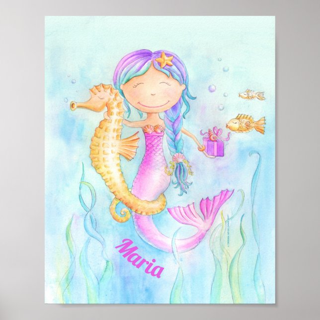 Poster Cheval de mer Mermaid aquarelle art nom personnali (Devant)