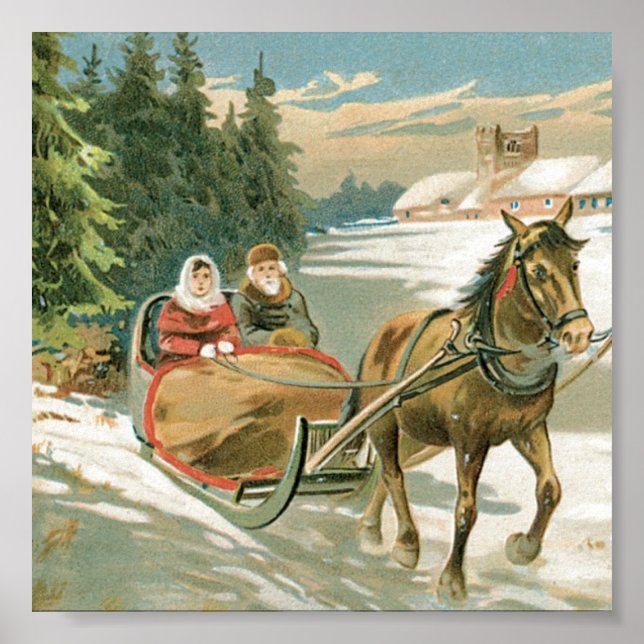 Poster Cheval de Noël et Sleigh (Devant)