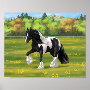 Poster Cheval de trait Gypsy Vanner Piebalde Pinto Noir