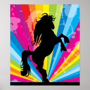 Poster Cheval d'élevage en silhouette Techno arc-en-ciel