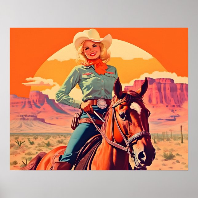 Poster Cheval d'équitation vintage Cowgirl (Devant)