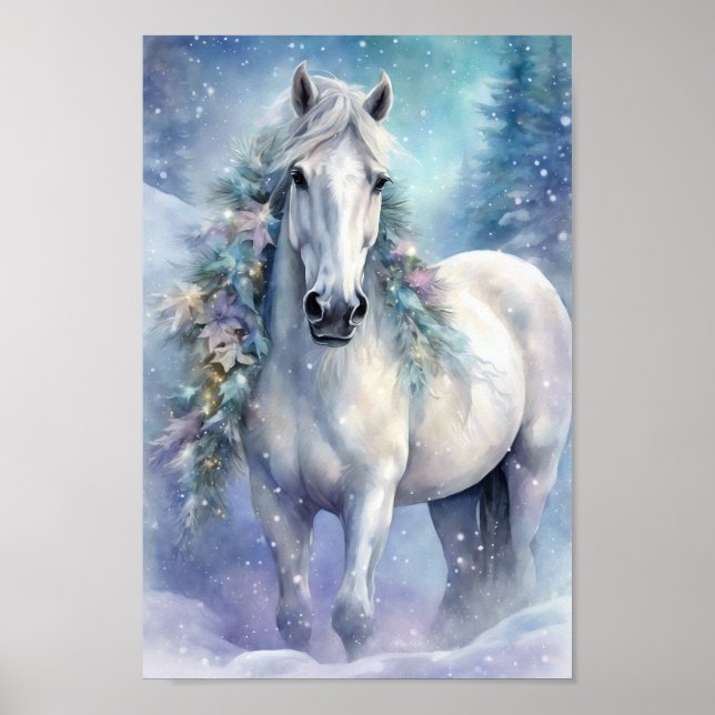 Poster Cheval d'hiver aux fleurs (Devant)
