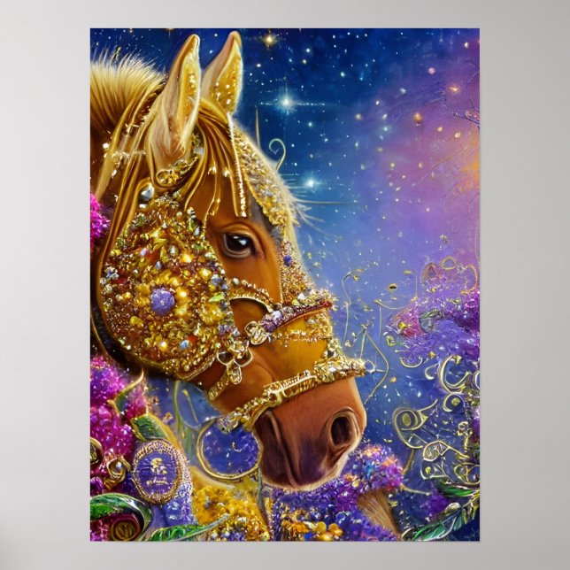 Poster Cheval d'Imaginaire avec pierres précieuses et bij (Devant)