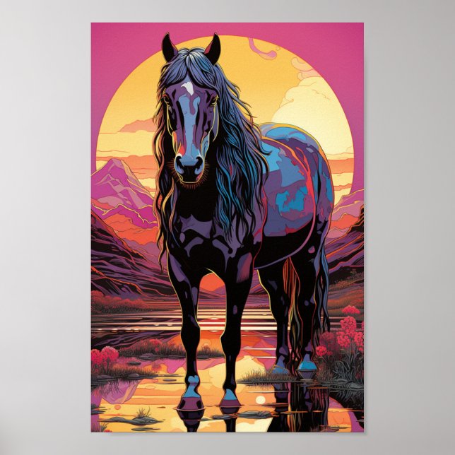 Poster Cheval du coucher de soleil violet (Devant)