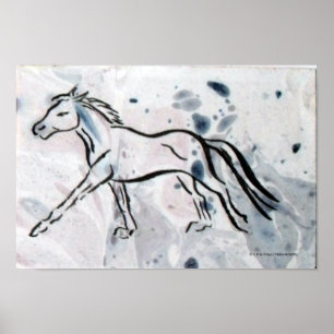 Poster Cheval en stylo et encre sur papier marbré