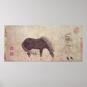 Poster Cheval et groom en hiver