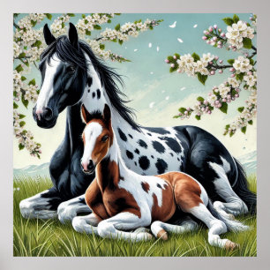 Poster Cheval et poulain reposent au milieu des arbres en