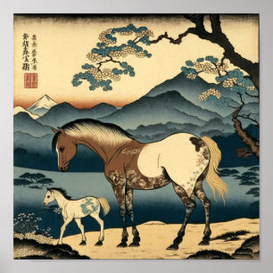 Poster Cheval et poulain : une image chaude dans le bois 