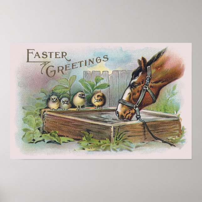 Poster Cheval et poussins Vintage Pâques (Devant)