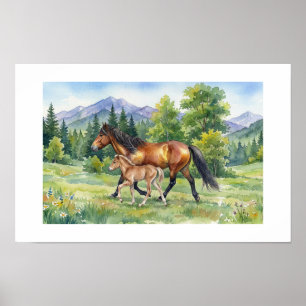 Poster Cheval islandais bai et poulain dans une prairie d