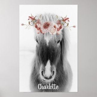 Poster Cheval islandais et couronne florale Nom personnal