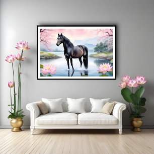 Poster Cheval majestueux et beauté du lotus