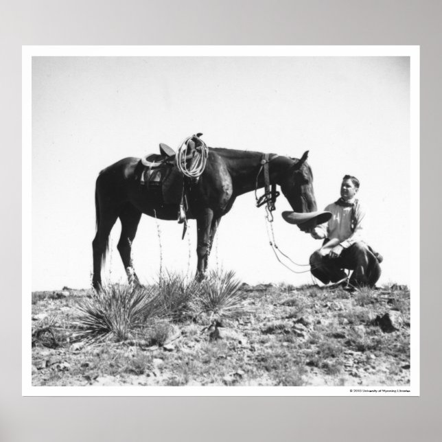Poster Cheval mangeant du casquette d'un cowboy. (Devant)