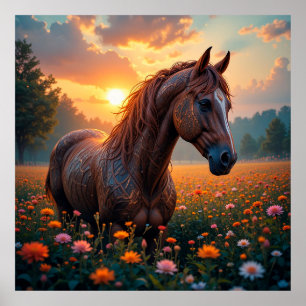 Poster Cheval Mystique dans un Champ de Fleurs
