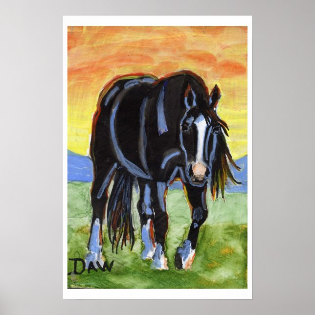 Poster Cheval noir au coucher du soleil (Devant)