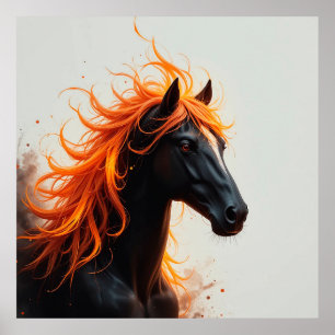 Poster Cheval noir avec crinière orange enflammée fluide