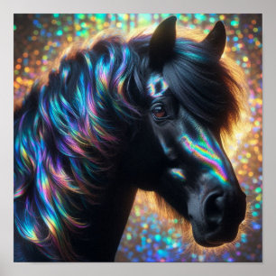 Poster Cheval noir avec Mane Iridescente