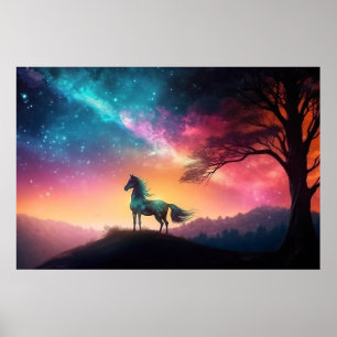 Poster Cheval noir dans le paysage montagneux vibrant