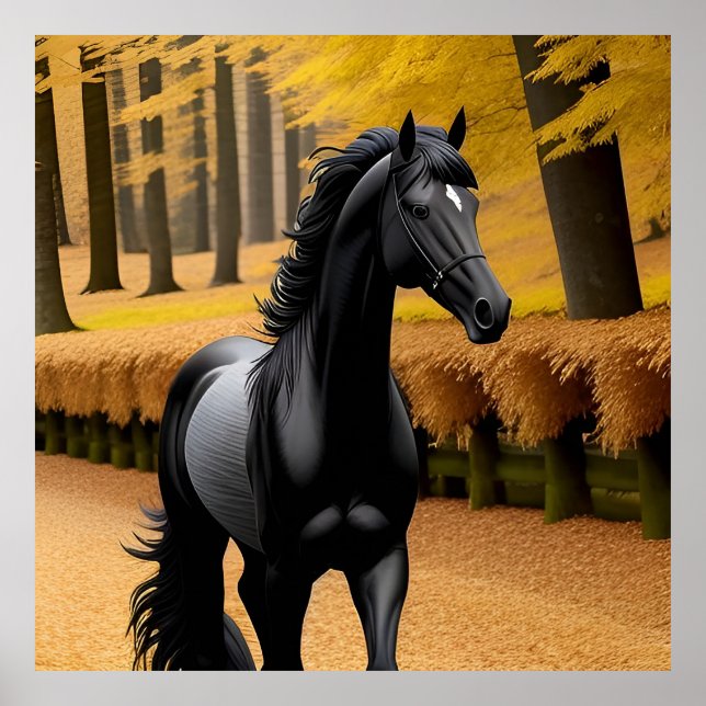 Poster Cheval noir dans un sentier forestier Pittoresque  (Devant)