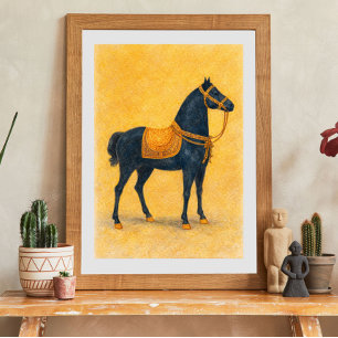 Poster Cheval Noir Élégant avec Harnais Doré Art