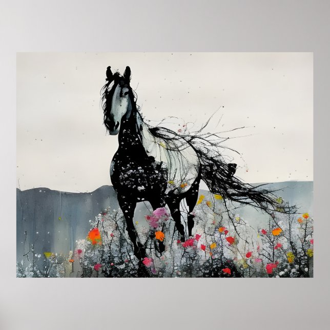 Poster Cheval noir en Fleur sauvage (Devant)
