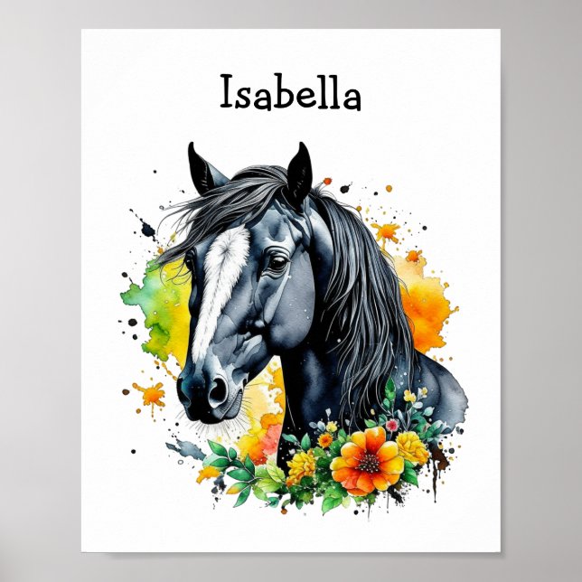 Poster Cheval noir entouré de fleurs Personnalisé (Devant)