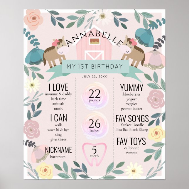Poster Cheval Pony rose Floral 1er anniversaire Jalon (Devant)