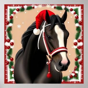 Poster Cheval portant un chapeau festif de Père Noël à No