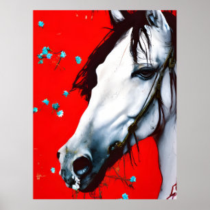 Poster Cheval Rouge Arrière - plan Fleurs Bleues