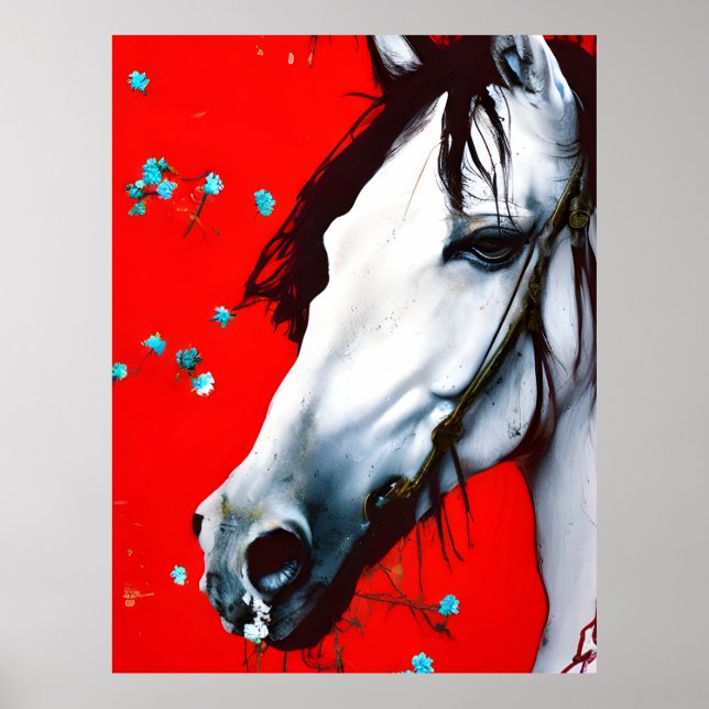 Poster Cheval Rouge Arrière - plan Fleurs Bleues (Devant)