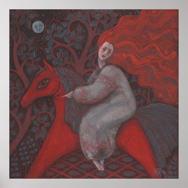 Poster "Cheval Rouge", femme rousse, imaginaire art surré (Devant)