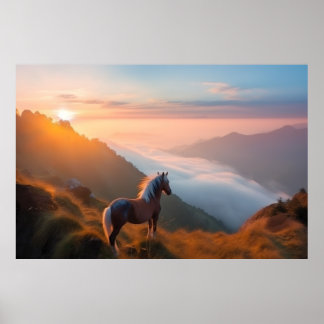 Poster Cheval rouge majestueux dans la montagne au lever 