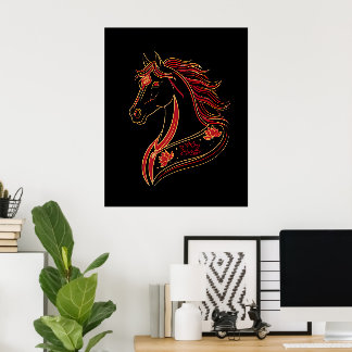 Poster Cheval Rouge & Or avec Lotus, Symbolique Spirituel