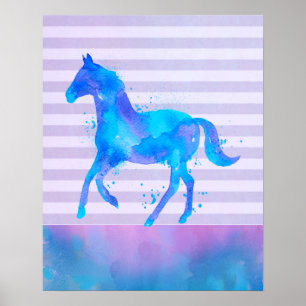 Poster Cheval sauvage en Aquarelle bleu et violet