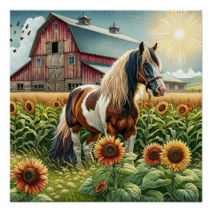 Poster Cheval tacheté, Grange rustique, Soleil levant à l