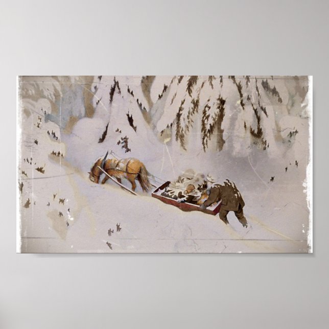 Poster Cheval Trainer le traîneau à travers la forêt (Devant)