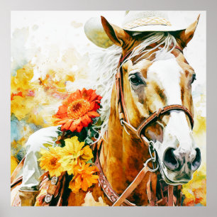 Poster Cheval vintage portant cowgirl casquette