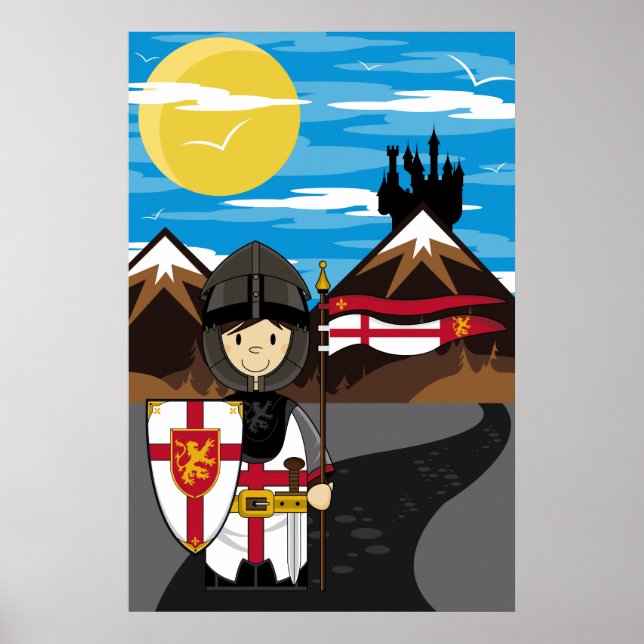 Poster Chevalier Croisader avec drapeau (Devant)
