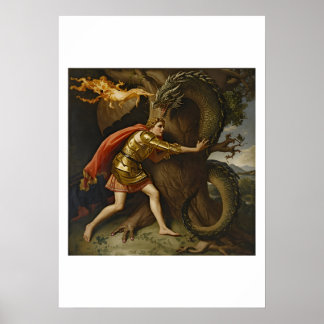 Poster Chevalier en armure dorée contre le dragon