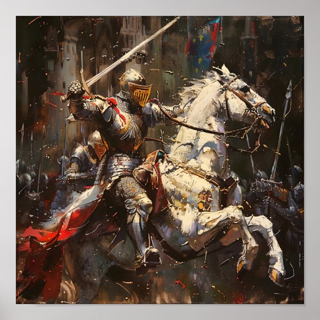 Poster Chevalier en armure sur un cheval (Devant)