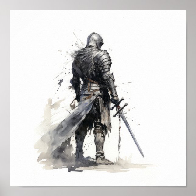 Poster Chevalier épique avec épée - Noir et blanc étonnan (Devant)