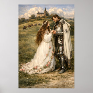Poster Chevalier médiéval, château et princesse