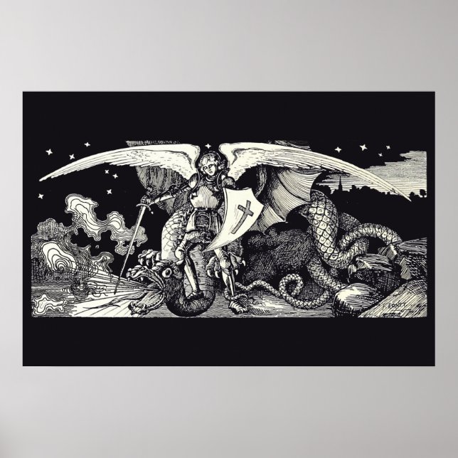 Poster Chevalier médiéval et dragon (Devant)