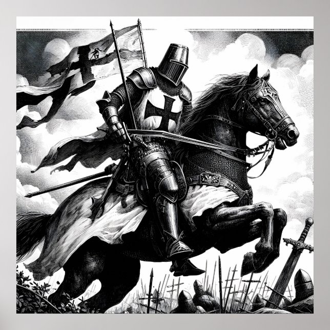 Poster Chevalier médiéval majestueux monochrome (Devant)